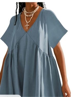 V-Neck Flowing Babydoll Dress in Dusty Blue